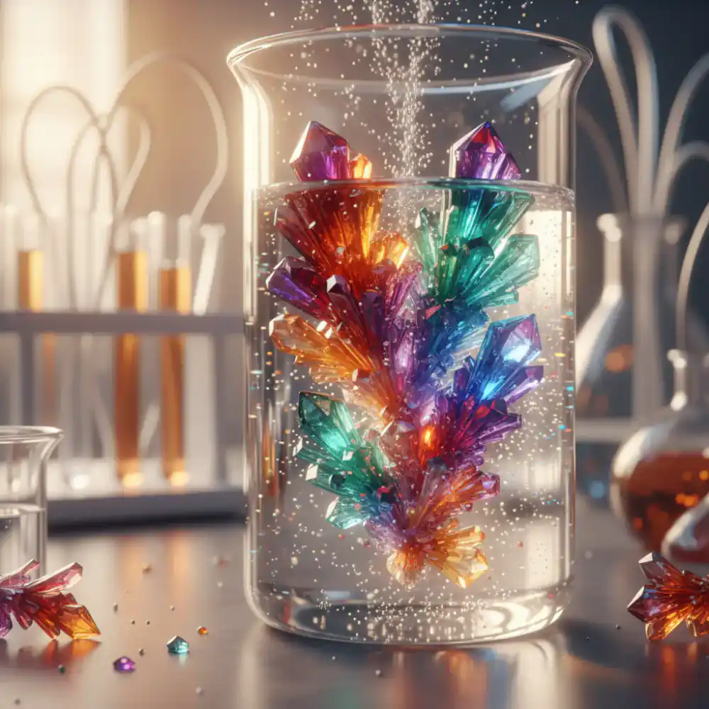 Vibrant growing crystals in a scientific beaker
