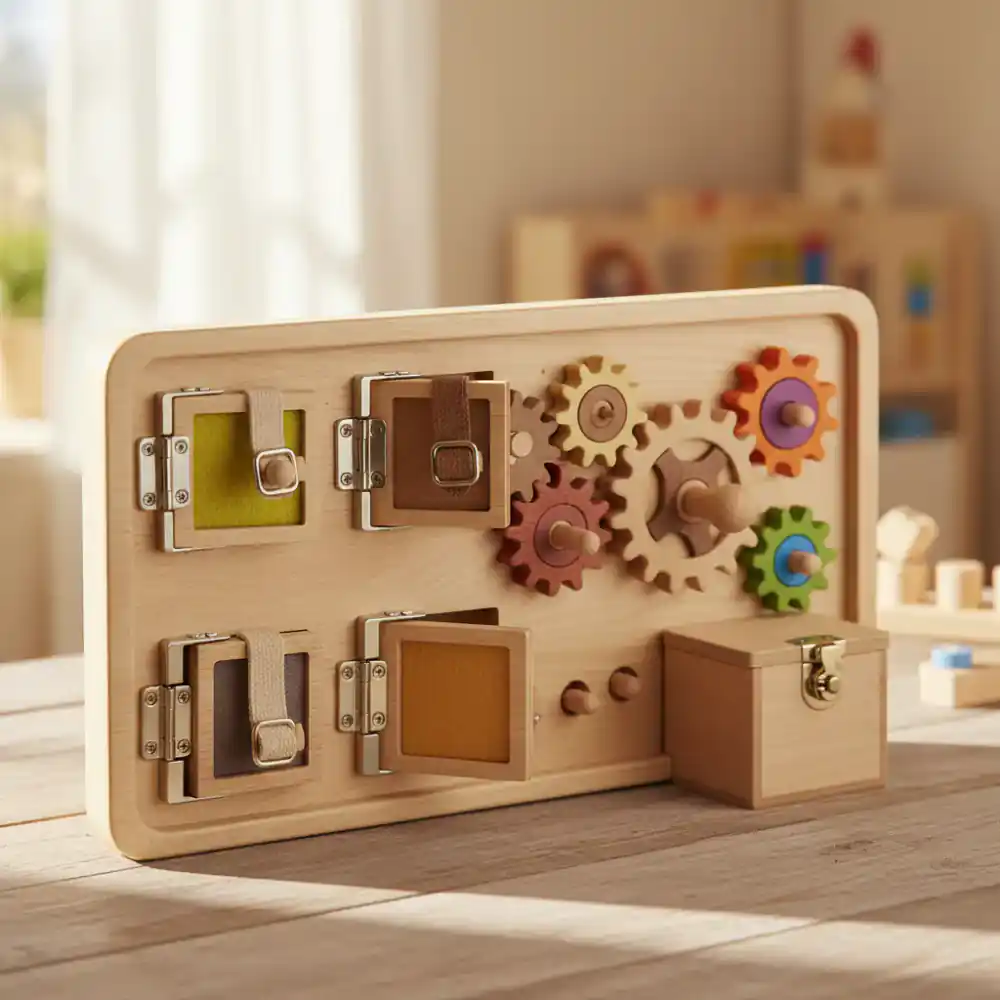 Montessori wooden skill board with latches and gears