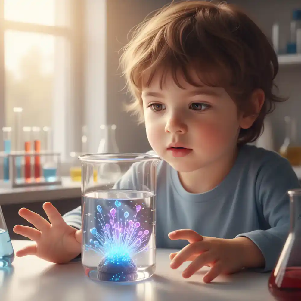 Child observing a crystal growing experiment