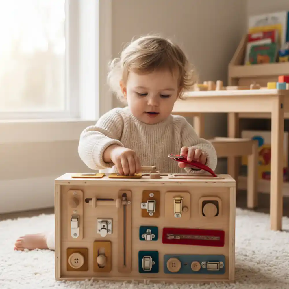 Toddler using a wooden Montessori skill board